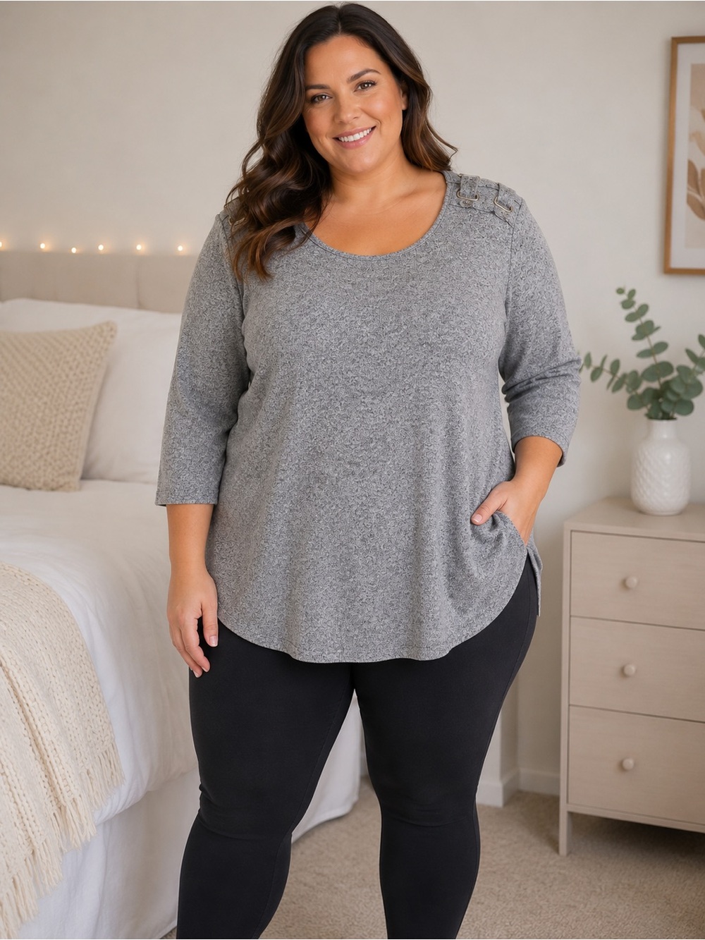 2 Dye 4 Women’s 3X Heather Gray Tunic Top with Buckle Shoulder Details